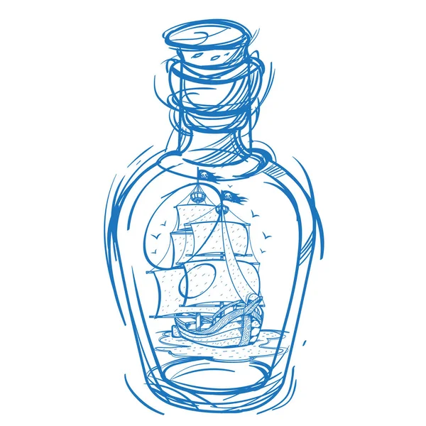 Piraat fregat in een glazen fles. — Stockvector