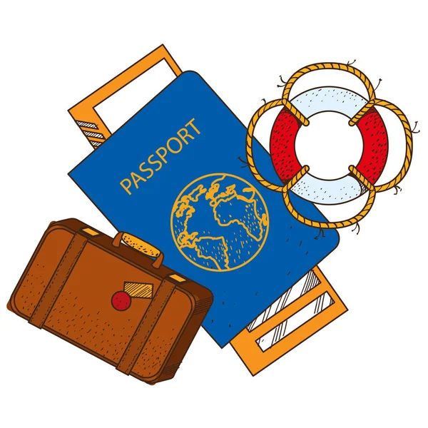 パスポート、チケット、スーツケース、救命浮環. — ストックベクタ