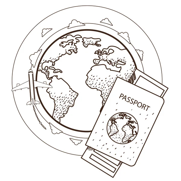 Pasaporte, billete, globo, avión . — Archivo Imágenes Vectoriales