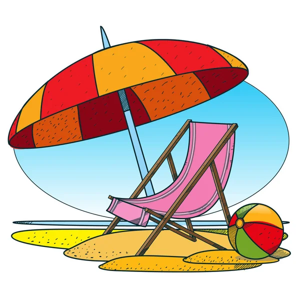 Deckchair and parasol on the beach. — Stock Vector