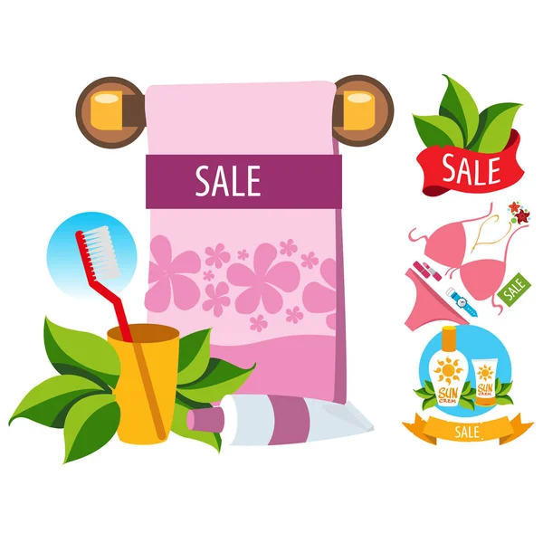 Sale. Towel, cosmetics, swimwear. — Stock Vector