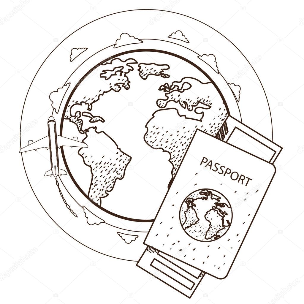 Passport, ticket, globe, plane.
