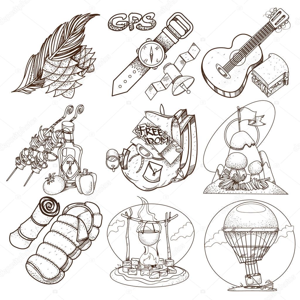 Set in the tourism theme. Travel logos. Coloring books.