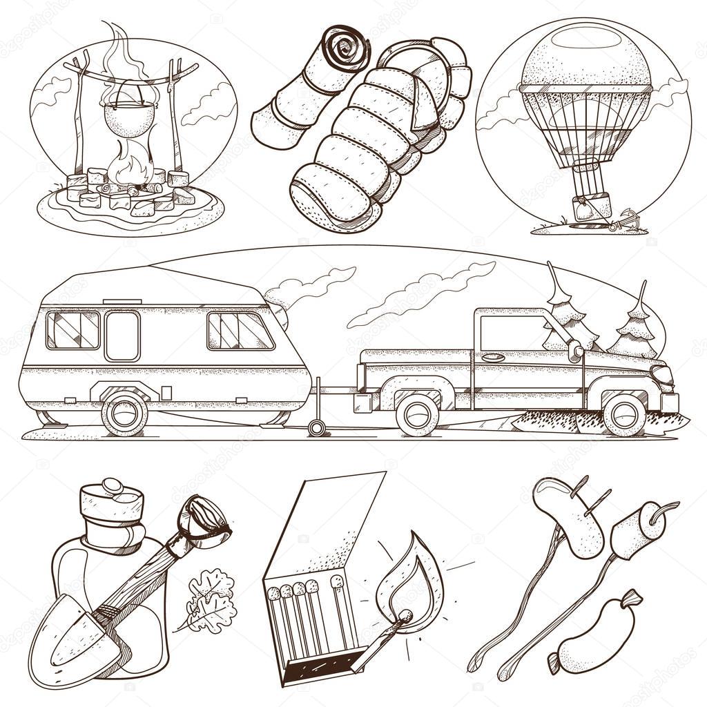 Set in the tourism theme. Travel logos. Coloring books.
