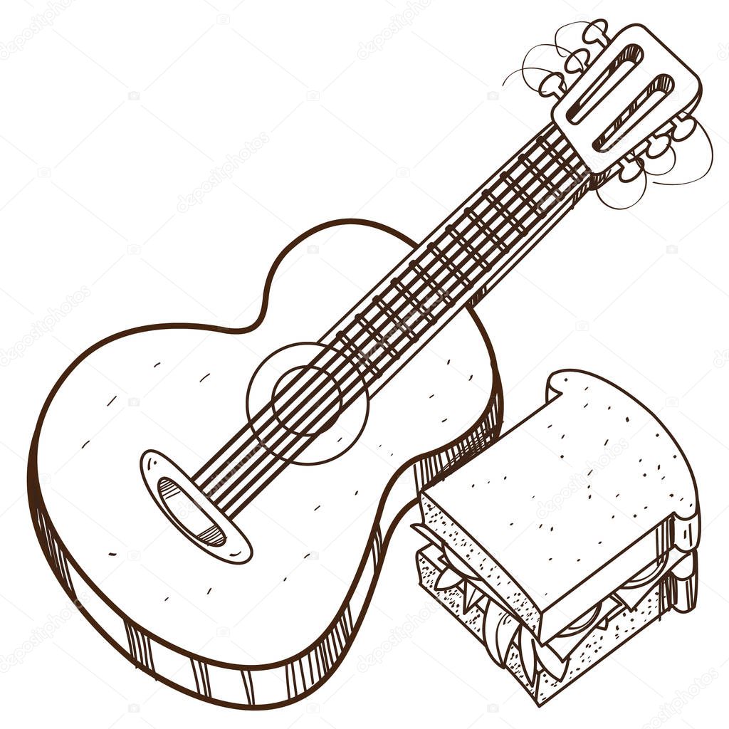 Guitar logo. Hiking, climbing, traveling outline illustration.