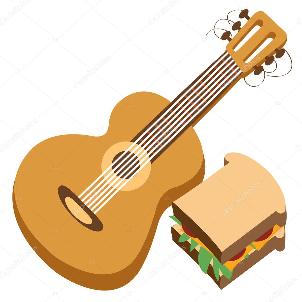 Guitar logo. Hiking, climbing, traveling color illustration.