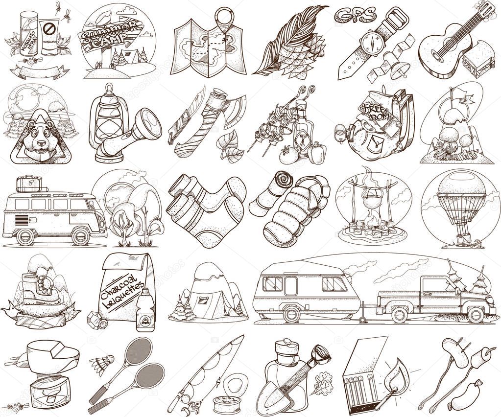 Set in the tourism theme. Travel logos. Coloring books.