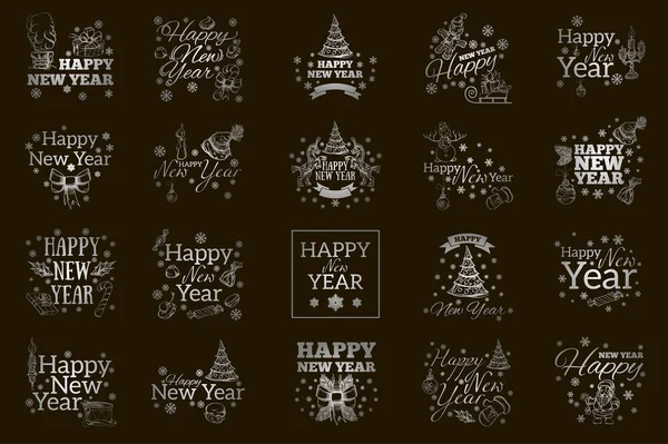 Set Elementi Tipografici Biglietti Auguri Con Iscrizione Happy New Year — Vettoriale Stock