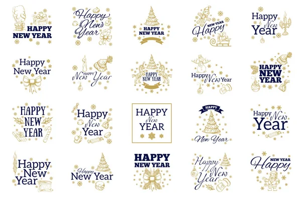 Set Elementi Tipografici Biglietti Auguri Con Iscrizione Happy New Year — Vettoriale Stock