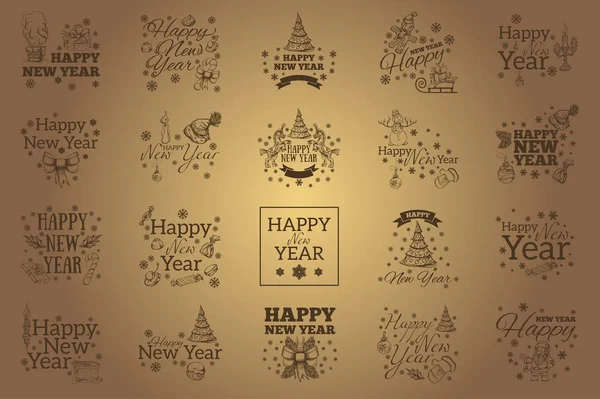 Set Elementi Tipografici Biglietti Auguri Con Iscrizione Happy New Year — Vettoriale Stock