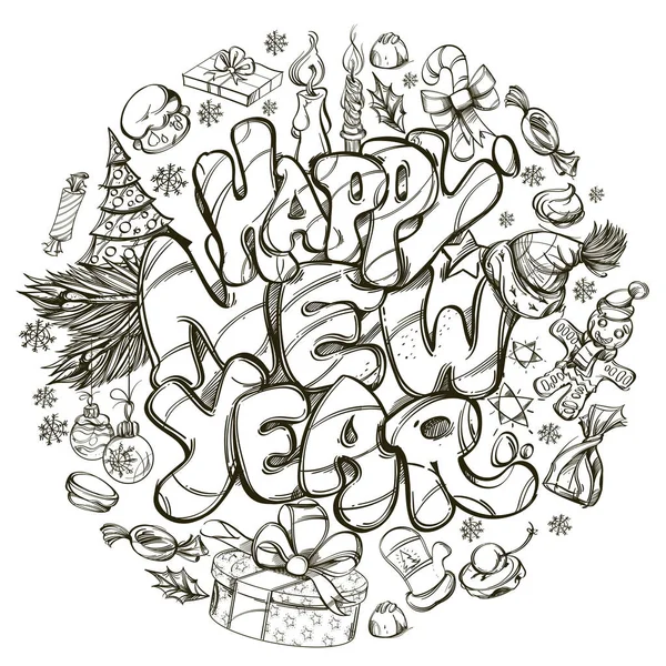 Hand Drawn Outline Illustration Happy New Year Inscription — Stock Vector
