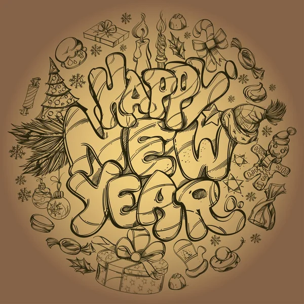 Ilustración Dibujada Mano Con Inscripción Feliz Año Nuevo — Vector de stock