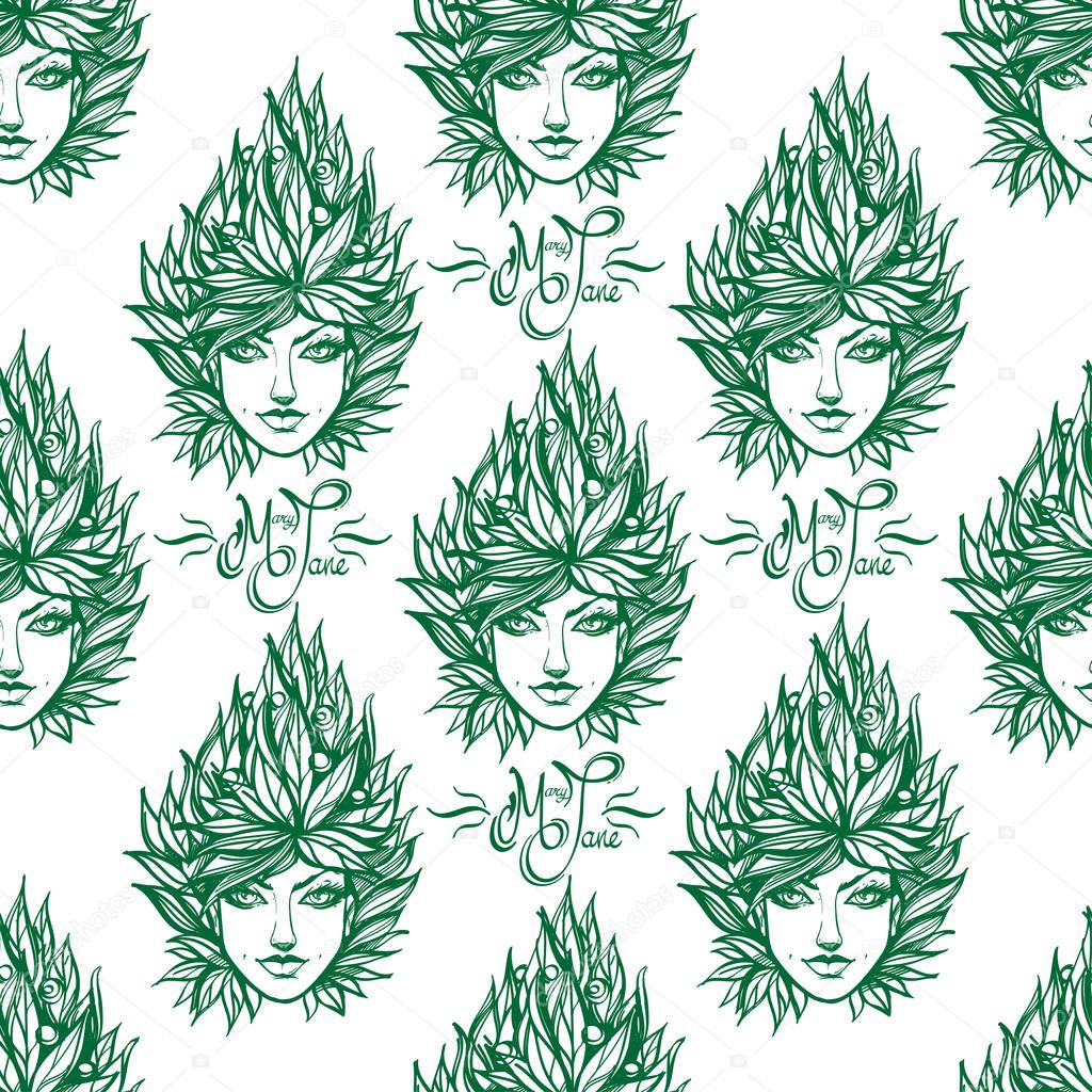Pattern from girl with hairstyle of marijuana leaf. Color vector illustration isolated on white background