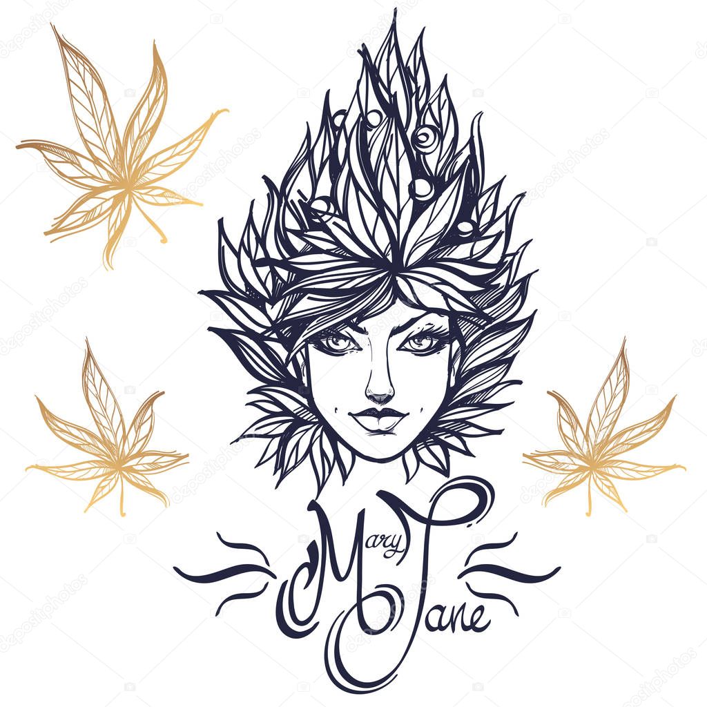 Girl with hairstyle of marijuana leaf. Monochrome vector illustration isolated on white background