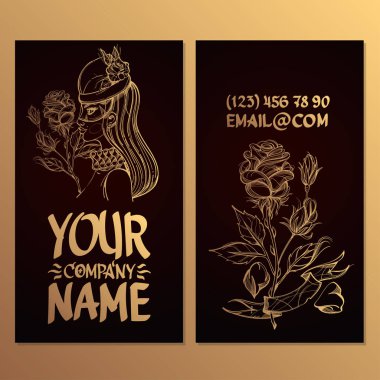 Cards with the image of a woman and a rose. Templates for creating business cards, posters, advertising pages.