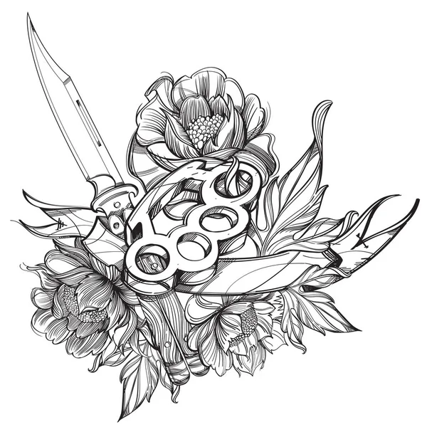 Dagger Brass Knuckle Ribbon Banner And Rose Contour Drawing For Coloring Or Tattooing Stock Images Page Everypixel