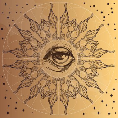 All-seeing eye with decorative ornament of leaves on beige background. clipart