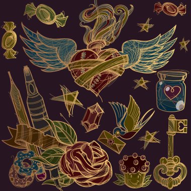 Colorful detailed design background with objects and symbols on black background clipart