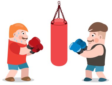Kum torbası beyaz arka plan üzerinde izole yakınındaki iki boks adam