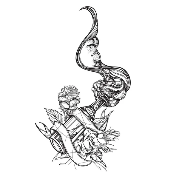 Κοκτέιλ Μολότωφ Φιάλη Περίγραμμα Λουλούδια Σχεδίασης Για Χρωματισμό Τατουάζ — Διανυσματικό Αρχείο