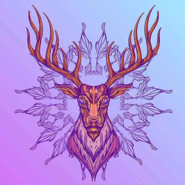 浅紫色背景下叶子装饰装饰品的鹿头 — 图库矢量图片