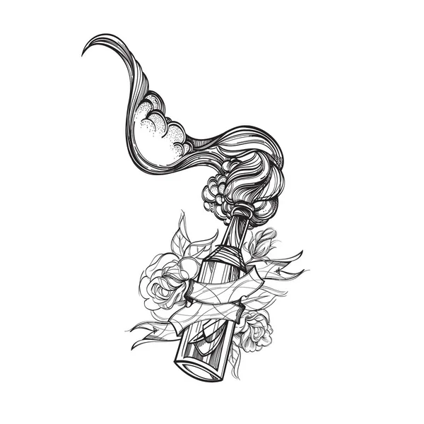 Бутылка Коктейля Молотова Рисунком Цветов Окраски Татуировки — стоковый вектор