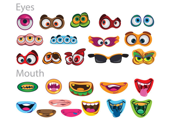 Set of eyes and mouths for creating sweet childish monsters isolated on white background