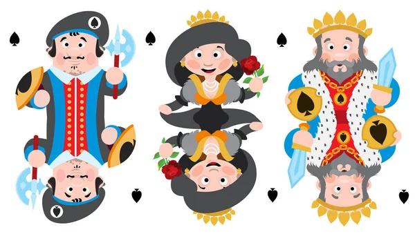 Kung Prins Drottningen Spader Spelkort Med Söta Seriefigurer Som Isolerad — Stock vektor