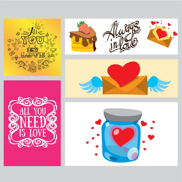 Conjunto Tarjetas Pancartas Folletos Para Decoración Regalos Día San Valentín — Vector de stock