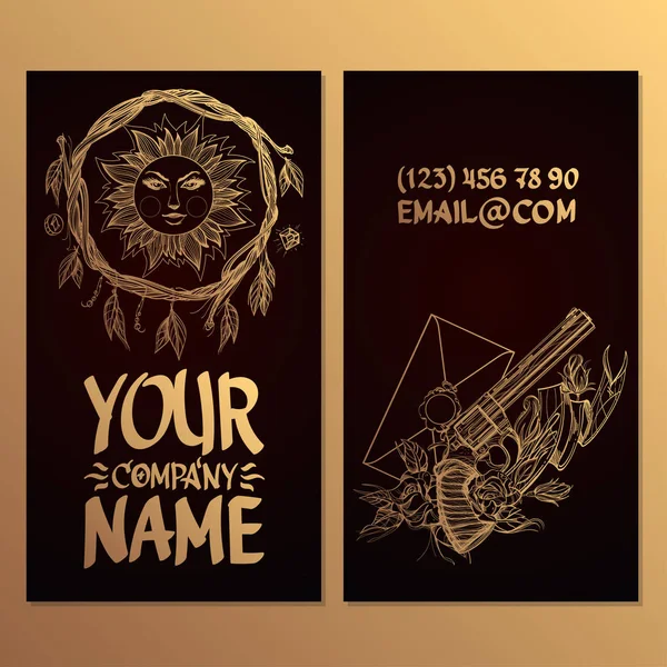 Tarjetas Con Corona Ramitas Sol Pistola Sobre Fondo Oscuro — Vector de stock