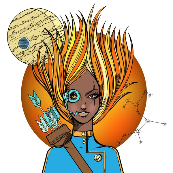 Africká Americká Dívka Symbolizující Znamení Zvěrokruhu Střelec — Stockový vektor