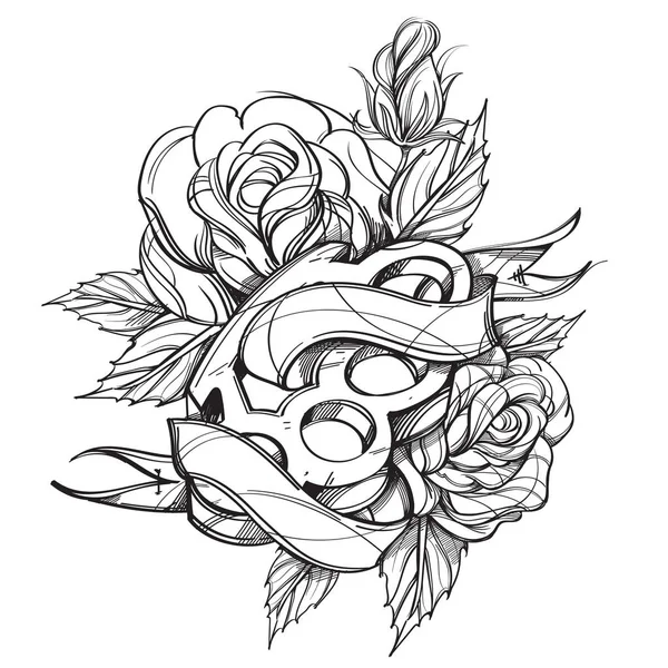 Nudillo Latón Pancarta Cinta Dibujo Contorno Flores Para Colorear Tatuar — Vector de stock