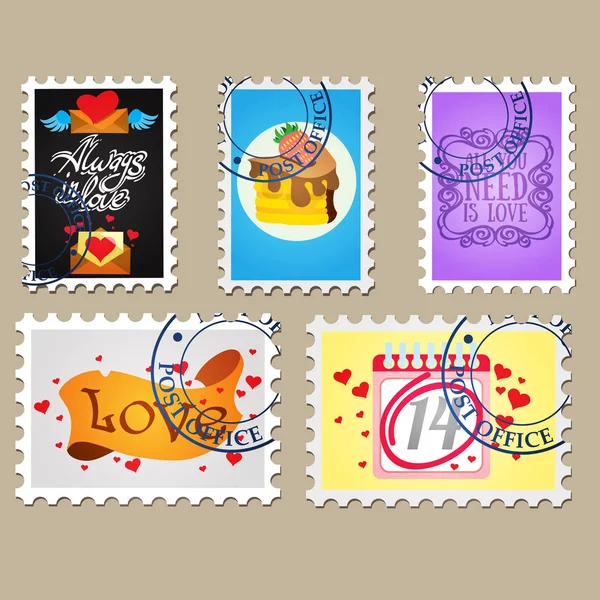 Σύνολο Των Εικονογραφήσεων Απομίμηση Των Γραμματοσήμων Στο Θέμα Της Αγάπης — Διανυσματικό Αρχείο