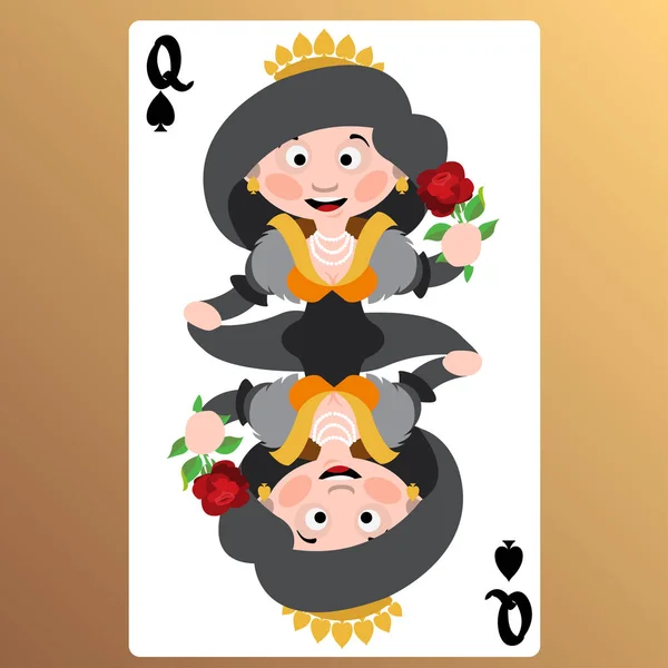 Koningin Van Schoppen Speelkaart Met Schattige Stripfiguren Beige Achtergrond — Stockvector