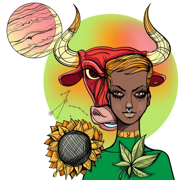 African American Girl Symboliseert Sterrenbeeld Stier — Stockvector