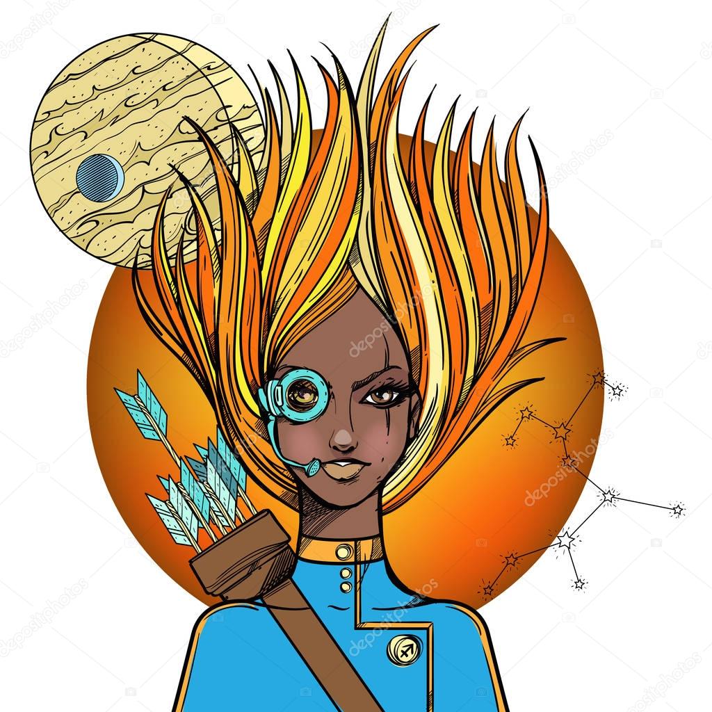 African American girl symbolizing zodiac sign Sagittarius.