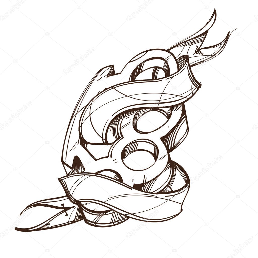 Knuckle and ribbon banner outline for coloring or tattooing.