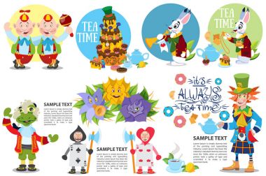 Sevimli karakterler Alice Mad Hatter, kartları, beyaz tavşan ve kızgın çiçekler gibi harikalar hikayede ayarla..