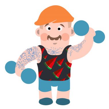 Adam beyaz arka plan üzerinde izole dövme ile elinde dumbbells ile