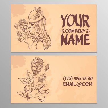 Horizontal cards with woman and roses on beige background.