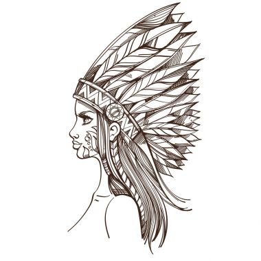 Kuzey Amerika yerlileri beyaz arka plan üzerinde izole headdress kadında
