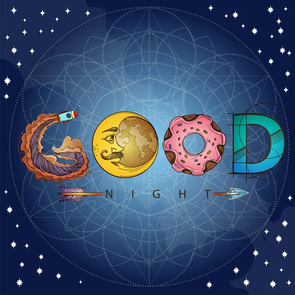 Gute Nacht Mit Mond Und Sternen Auf Tiefblauem Hintergrund — Stockvektor