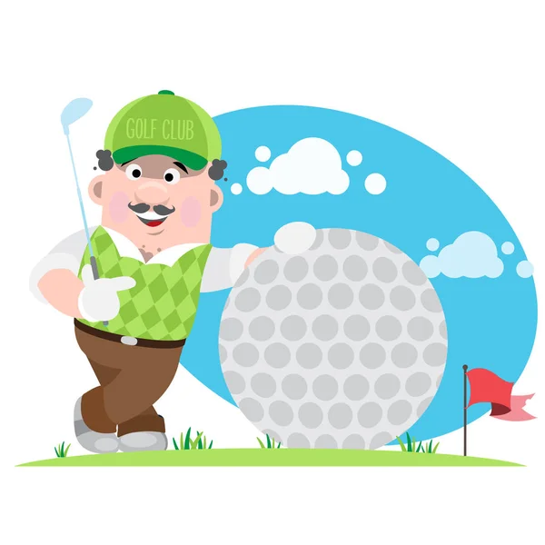 Cartoon Golfer Met Stok Buurt Van Grote Golfbal — Stockvector