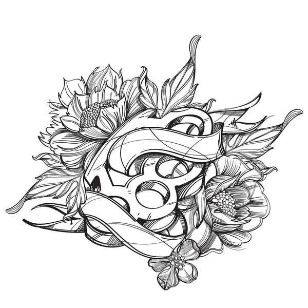 Nudillo Latón Pancarta Cinta Dibujo Contorno Flores Para Colorear Tatuar — Vector de stock