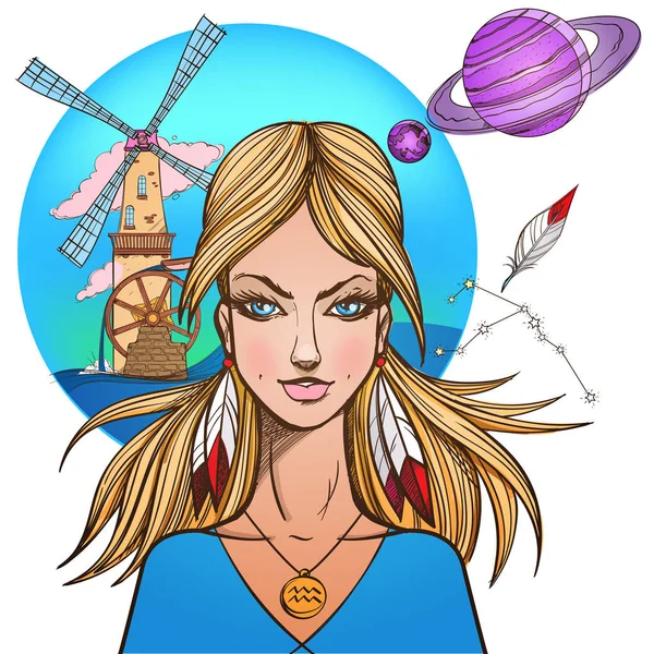 Aquarius Csillagjegy Szimbolizáló Lány — Stock Vector