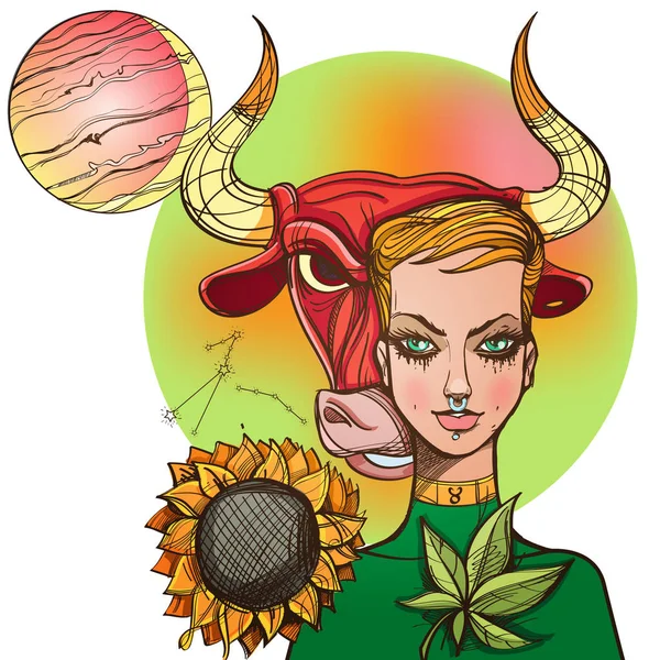 Taurus Csillagjegy Szimbolizáló Lány — Stock Vector