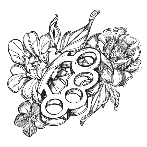 真鍮ナックル 着色または入れ墨のための描画リボン バナーと花の輪郭 — ストックベクタ