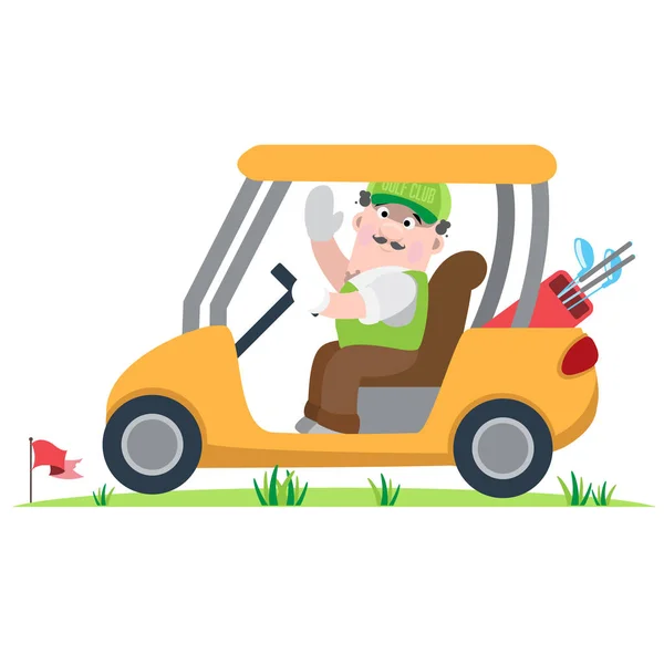 Cartoon Golfer Golf Bewegen Auto Geïsoleerd Witte Achtergrond — Stockvector