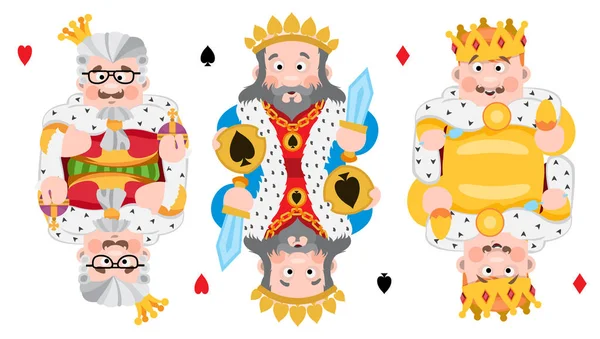国王三西装 黑桃和钻石扑克牌与卡通可爱的字符在白色背景下隔离 — 图库矢量图片