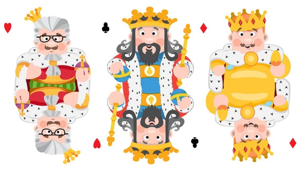 Kings Three Suits Hearts Clubs Diamonds Playing Cards Cartoon Cute — Stock Vector